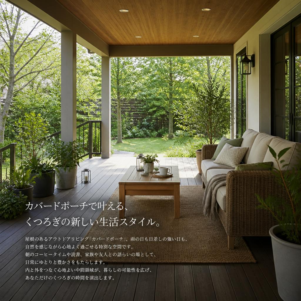 カバードポーチで叶える、くつろぎの新しい生活スタイル。